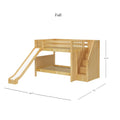 Full-size wooden loft bunk bed with slide and built-in storage staircase and drawers in natural wood finish