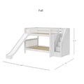 White wooden kids loft bunk bed with slide and built-in storage staircase, twin-over-full slatted frame and guardrails, dimensions approximately 66.75" H x 100.75" W x 122" L