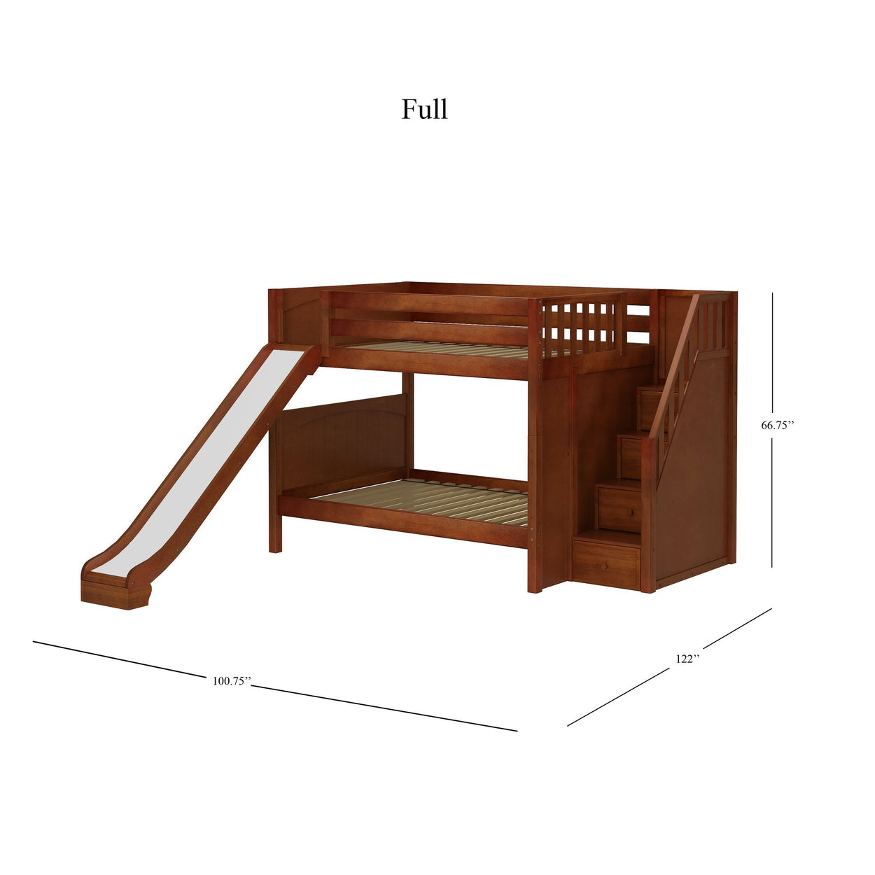 Full-size wooden loft bed with slide and stairs, dimensions labeled, perfect for maximizing space in kids' rooms.
