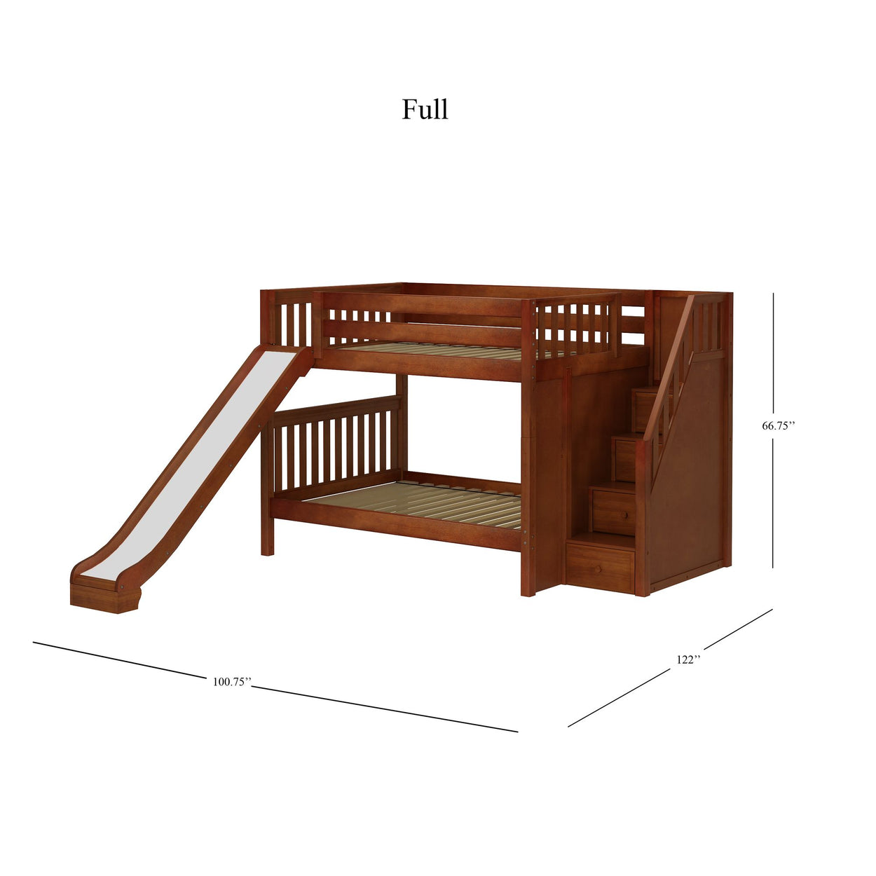Full-size wooden bunk bed with slide, stairs, and safety rails for kids.