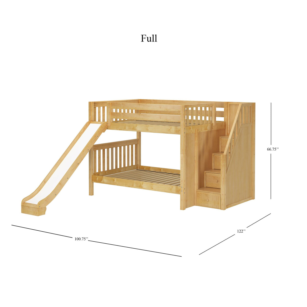 Natural wood full-size bunk bed with slide and staircase, perfect for kids' room space-saving solutions.