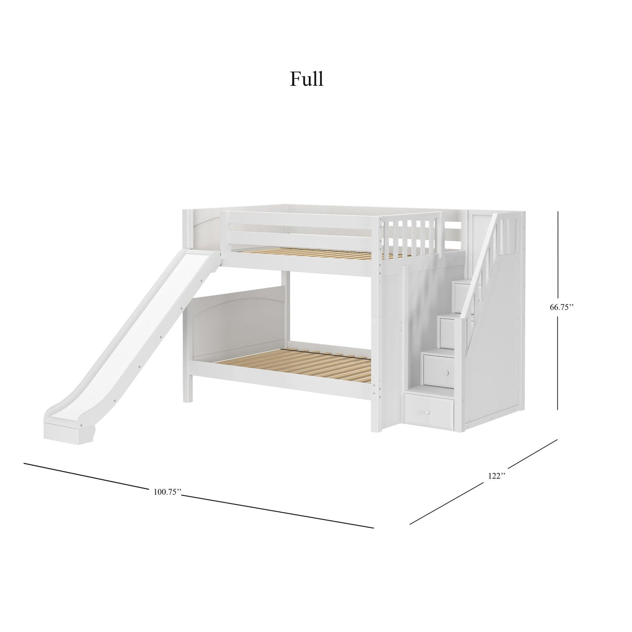 White full-size loft bed with slide, staircase storage, and dimensions labeled.