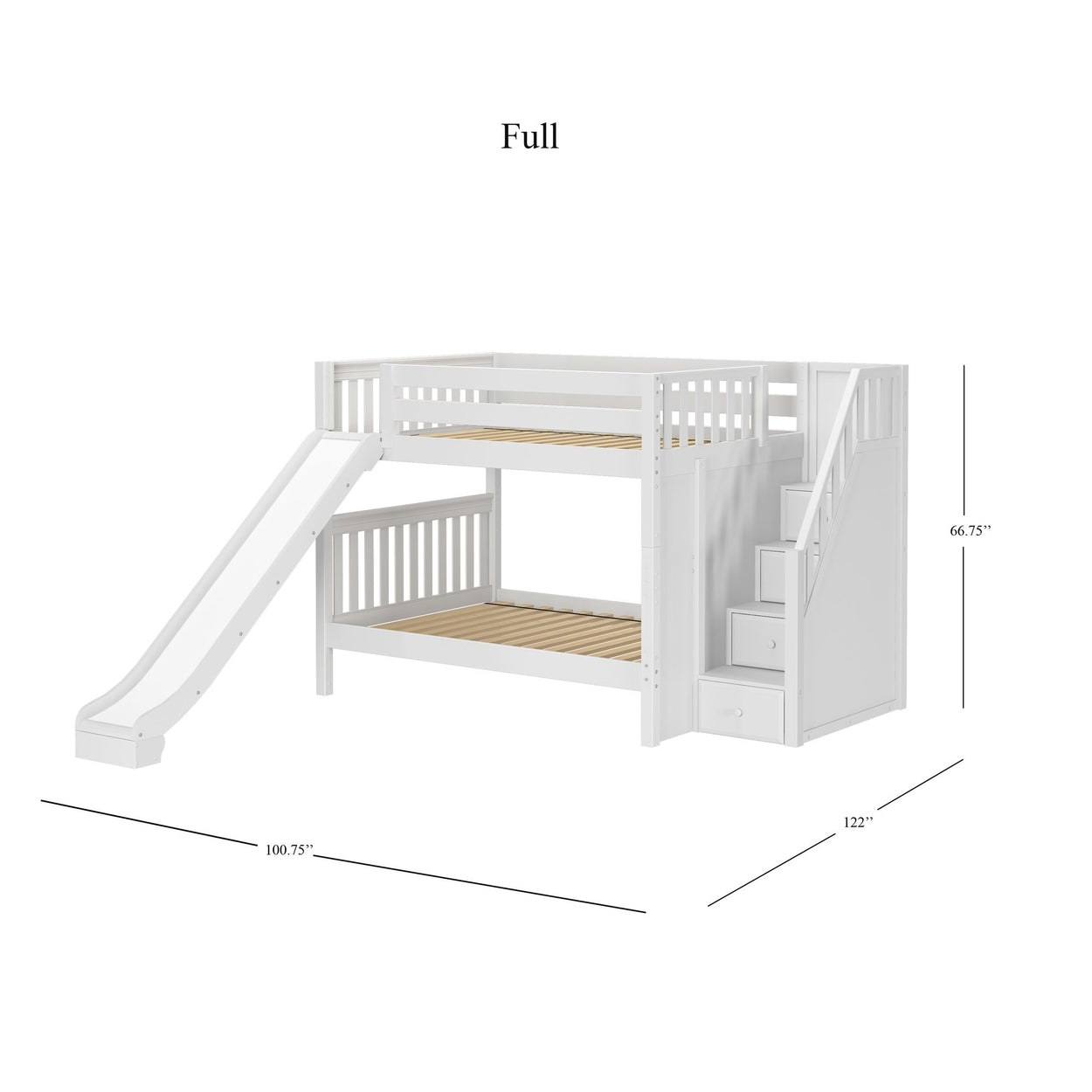 White full-size loft bed with built-in slide and storage stairs, dimensions shown, ideal for children's bedroom furniture.