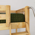 Close-up of solid pine bunk bed corner with natural wood finish, green quilted bedding, built-in ladder and stainless safety rail for a kids' bedroom