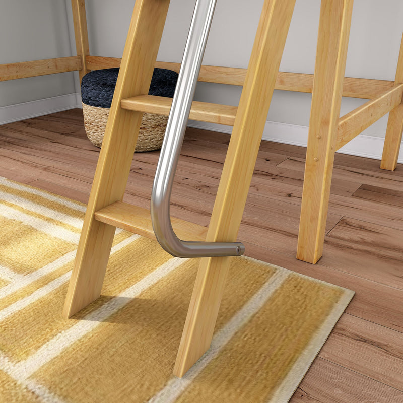 Close-up of wooden loft bed ladder with curved metal safety rail, woven storage basket and hardwood floor in modern bedroom