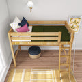 Wooden loft bed with ladder in kids' room, green quilt, polka-dot and pink pillows, wall sconce and floral print