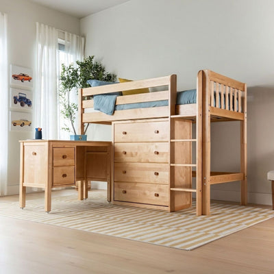 Natural solid wood loft bunk bed with built-in desk, drawers and ladder in modern kids bedroom with blue bedding, striped rug, plant and car wall art
