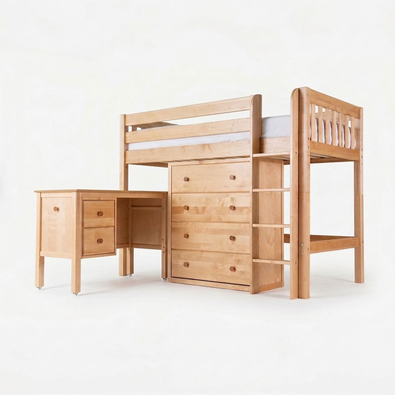 Solid maple loft bed with integrated desk, ladder and built-in drawers, natural light wood finish space‑saving bunk-style bed for kids' bedroom on white background