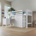 White wooden twin loft bed with built-in desk, drawers and ladder in a modern children's bedroom with blue bedding and wall car prints