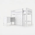 White loft bed with ladder, built-in drawers and under-bed desk on a clean white background — space-saving kids' bedroom furniture