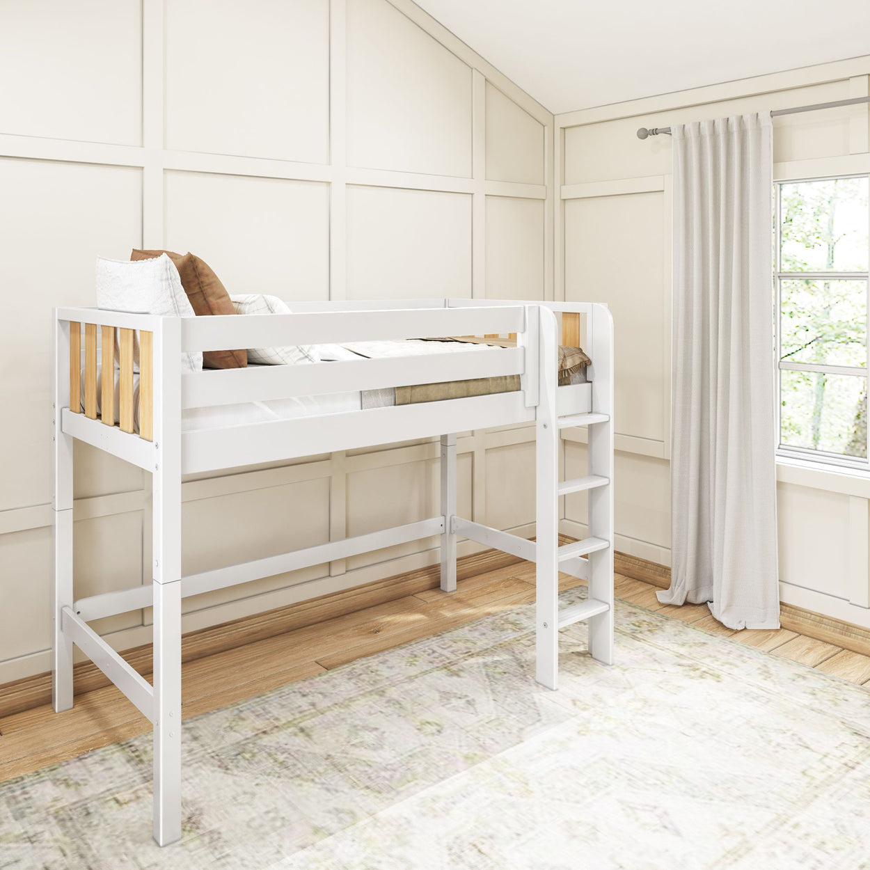 White loft bed with ladder in modern bedroom with wooden floors and large window.