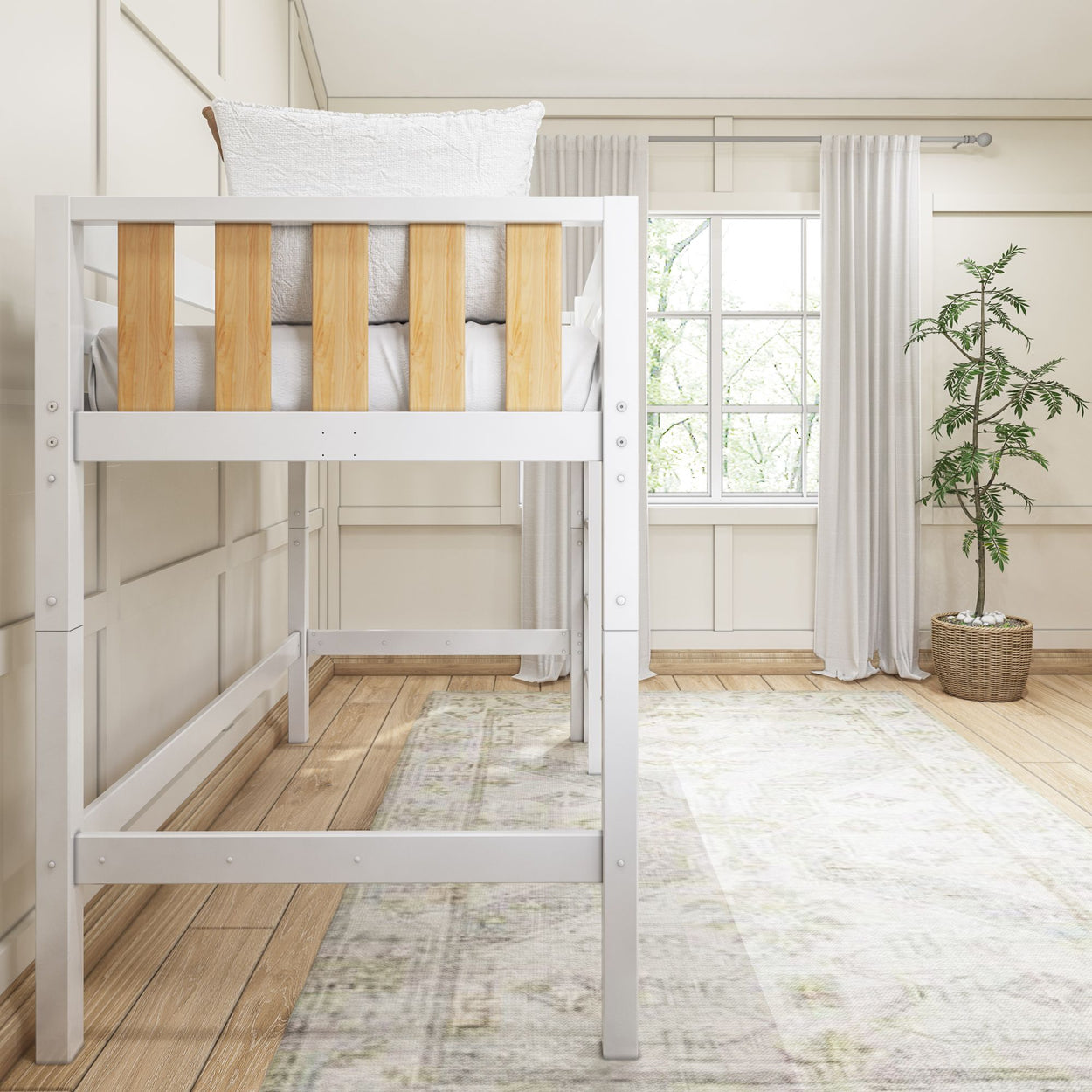 White loft bed in a bright bedroom with large window and indoor plant, featuring beige curtains and wooden flooring.