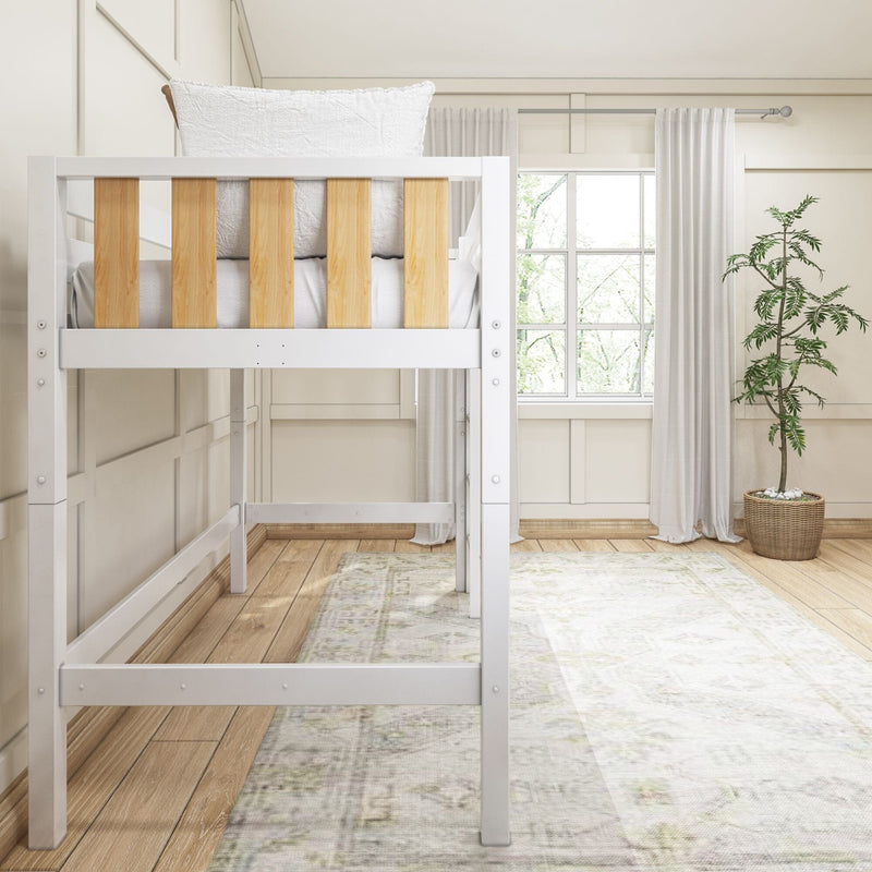 White and natural wood loft bunk bed in bright minimalist kids bedroom with sheer curtains, hardwood floors, patterned rug and potted plant