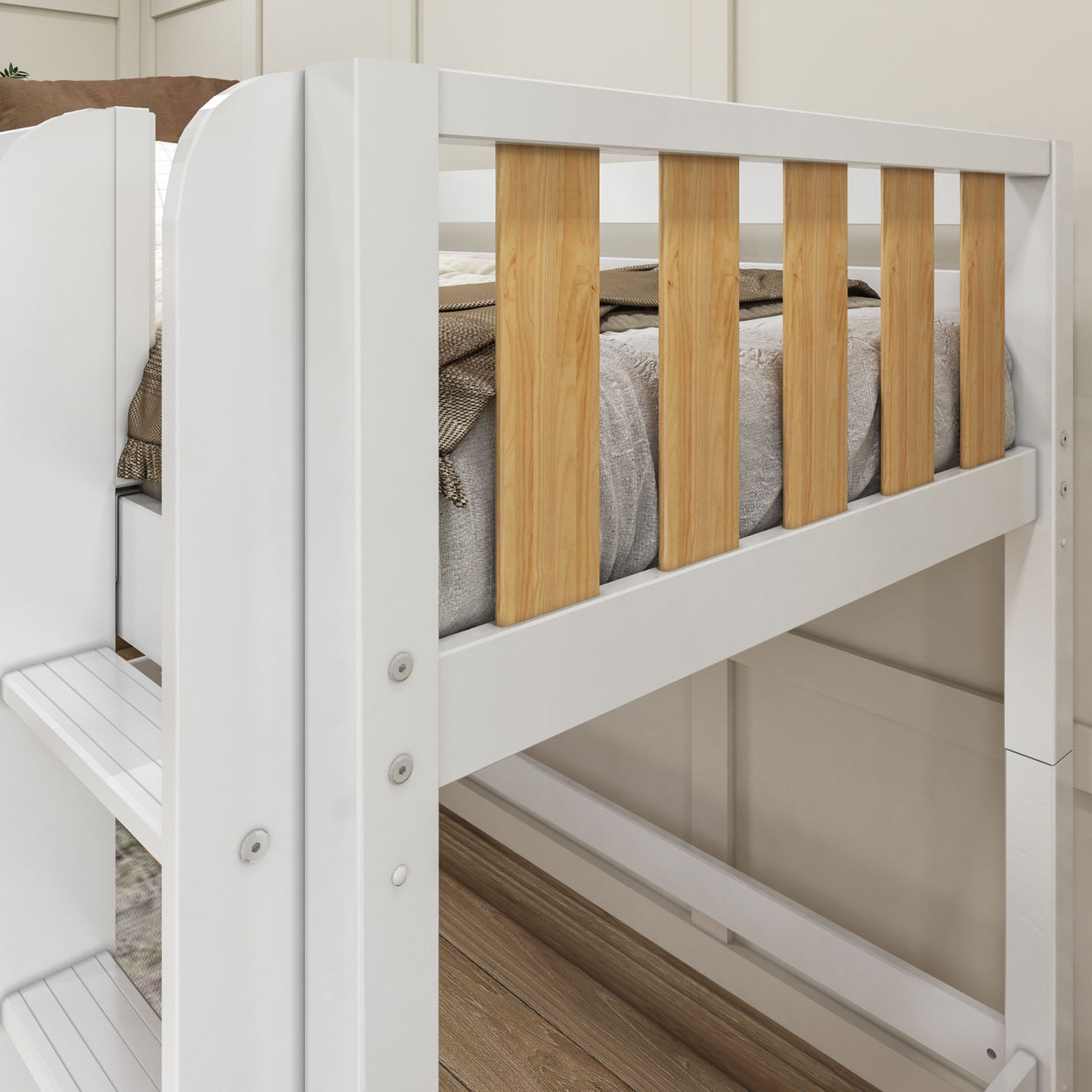 White and wood loft bed frame with built-in ladder for kids' bedroom.
