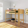 Natural wood loft bed in bright kids' bedroom with colorful pillows, brass wall sconce, window light and floral wall art