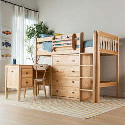 Natural wood loft bunk bed with built-in desk, drawers and ladder in a bright kids' bedroom with plant and car wall art