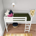 White kids loft bed with green quilt, navy and pink accent pillows on polka-dot sheets, ladder and woven stool on hardwood floor, brass wall sconce and framed "Flower Market" print, modern nursery decor