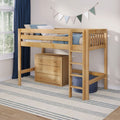 Natural wood twin loft bunk bed with ladder and under-bed dresser, blue bedding, navy curtains, triangle wall bunting and striped rug in modern kids' bedroom