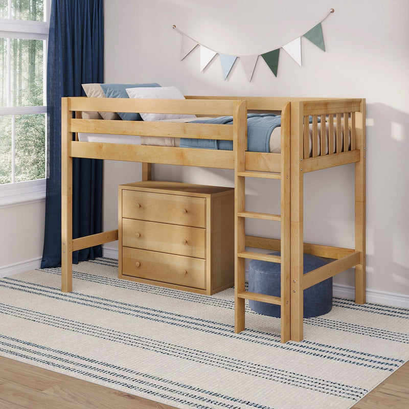 Natural wood twin loft bunk bed with ladder and under-bed dresser, blue bedding, navy curtains, triangle wall bunting and striped rug in modern kids' bedroom