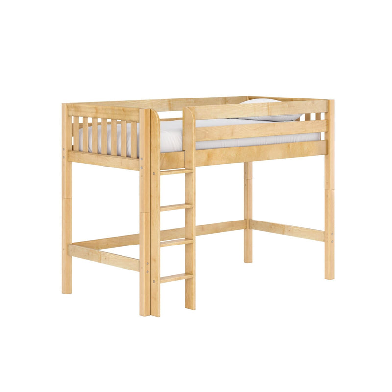 Light natural wooden twin loft bed with ladder and safety guardrails — space-saving elevated bed frame for kids and teens (mattress shown)