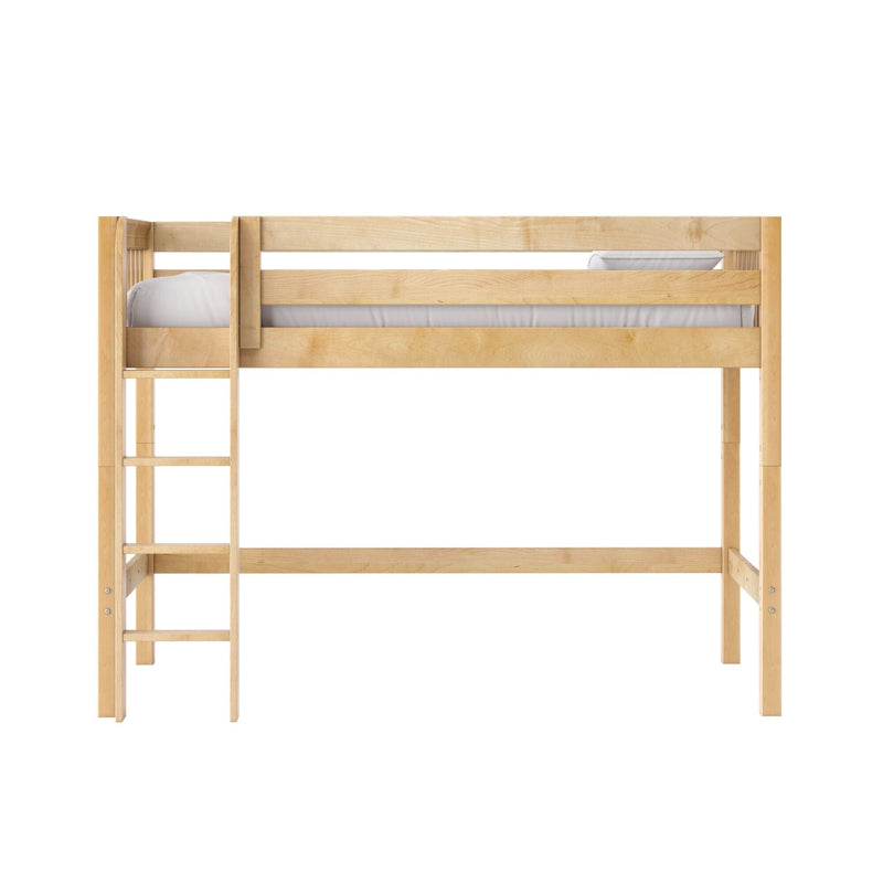Light natural wood twin loft bed with guardrail and ladder, space-saving bunk bed for kids' bedroom