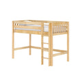 Natural wood twin loft bed with safety rails and built-in ladder, space-saving kids' bedroom bunk-style bed frame on white background