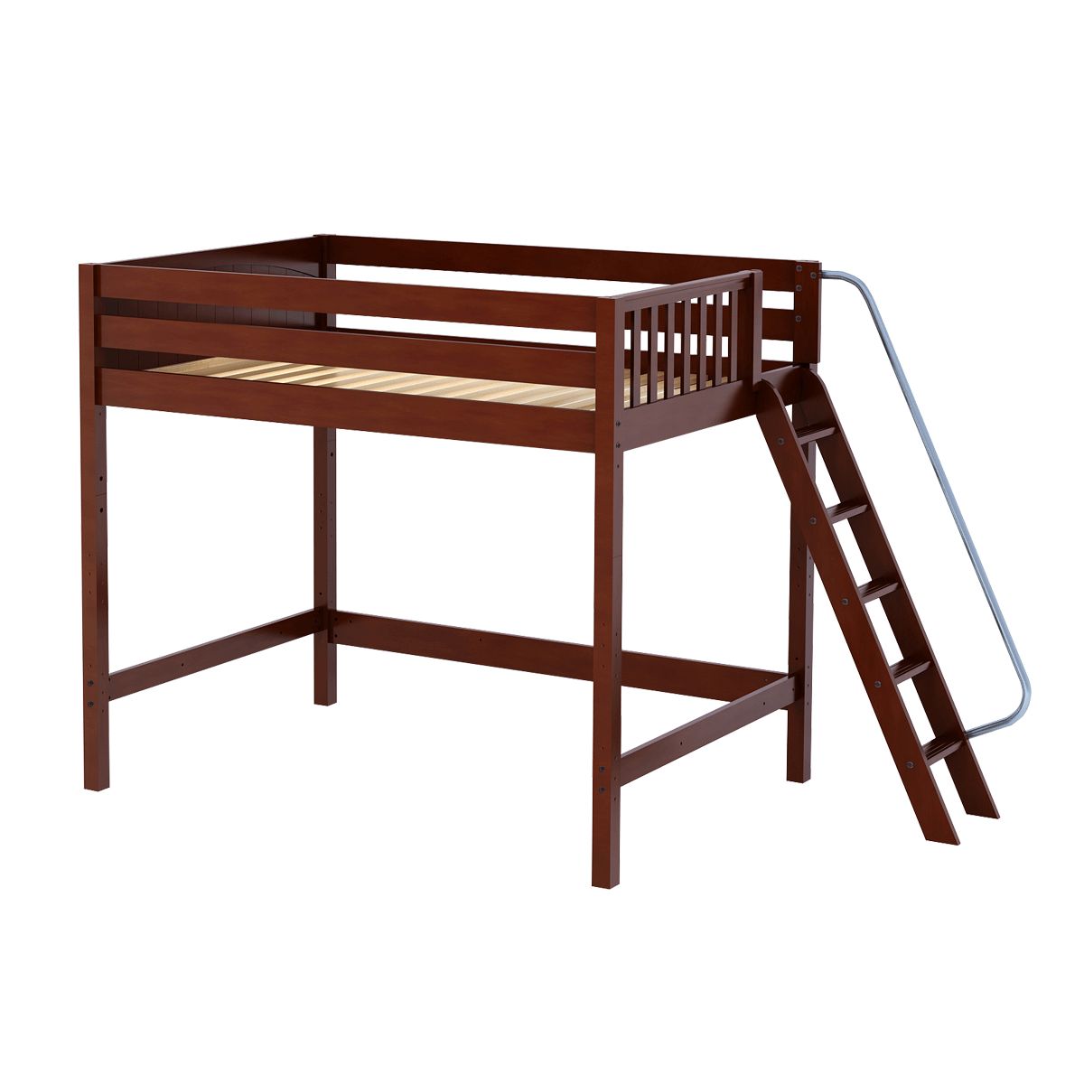 Wooden loft bed with ladder and brown finish for kids' room furniture.