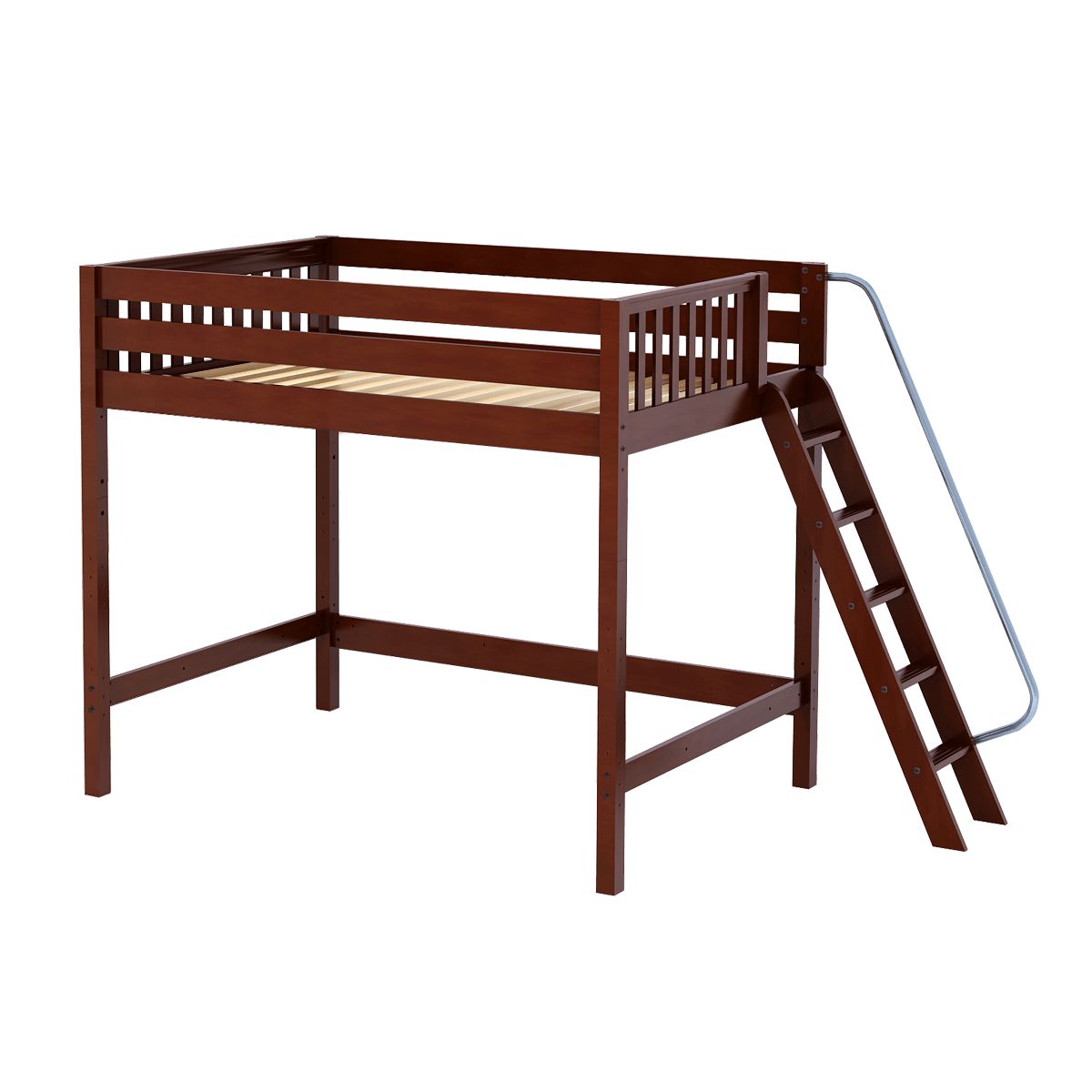 Wooden loft bed with ladder for kids' room, space-saving furniture solution.