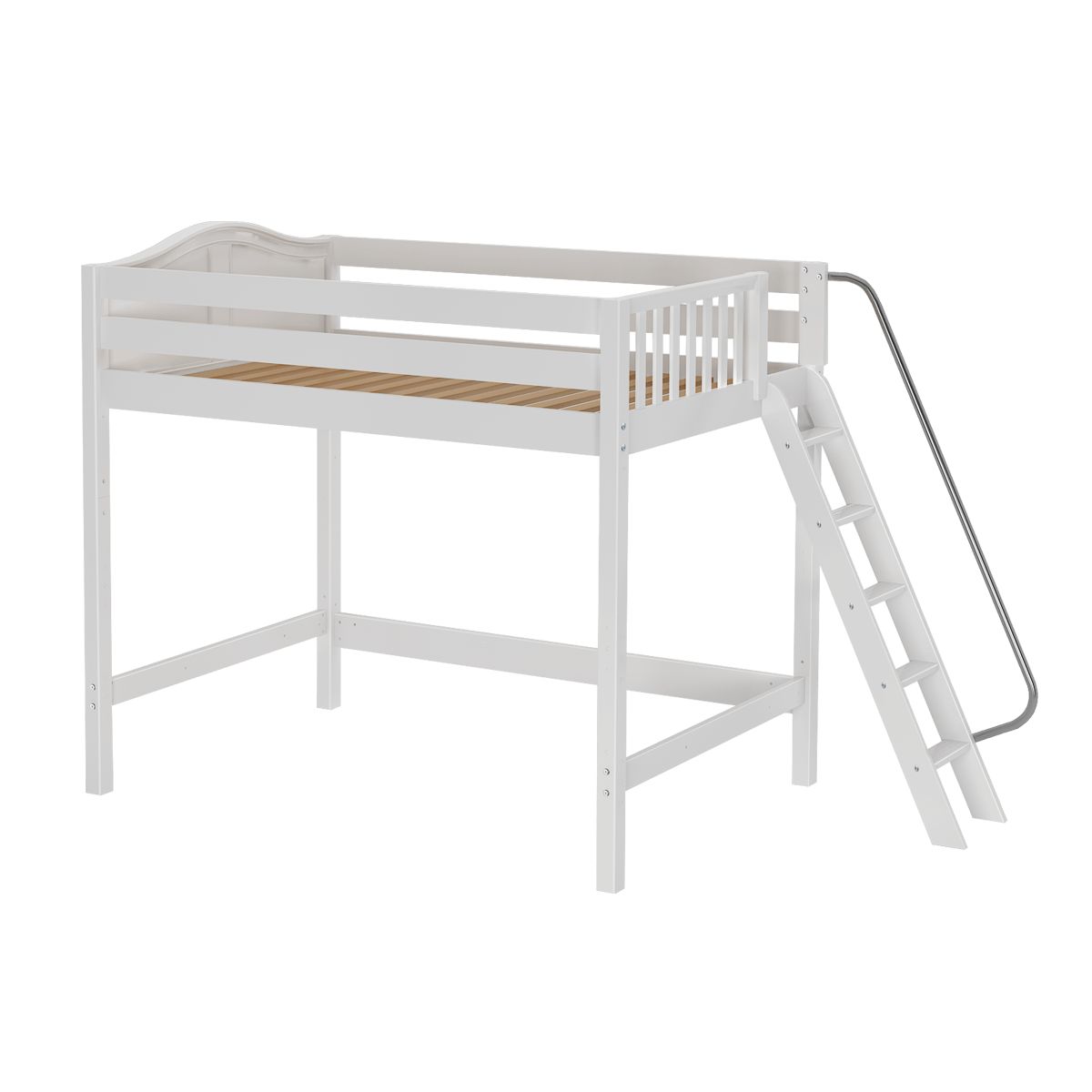 White wooden loft bed with ladder and guardrails, perfect for kids' bedroom space-saving furniture.