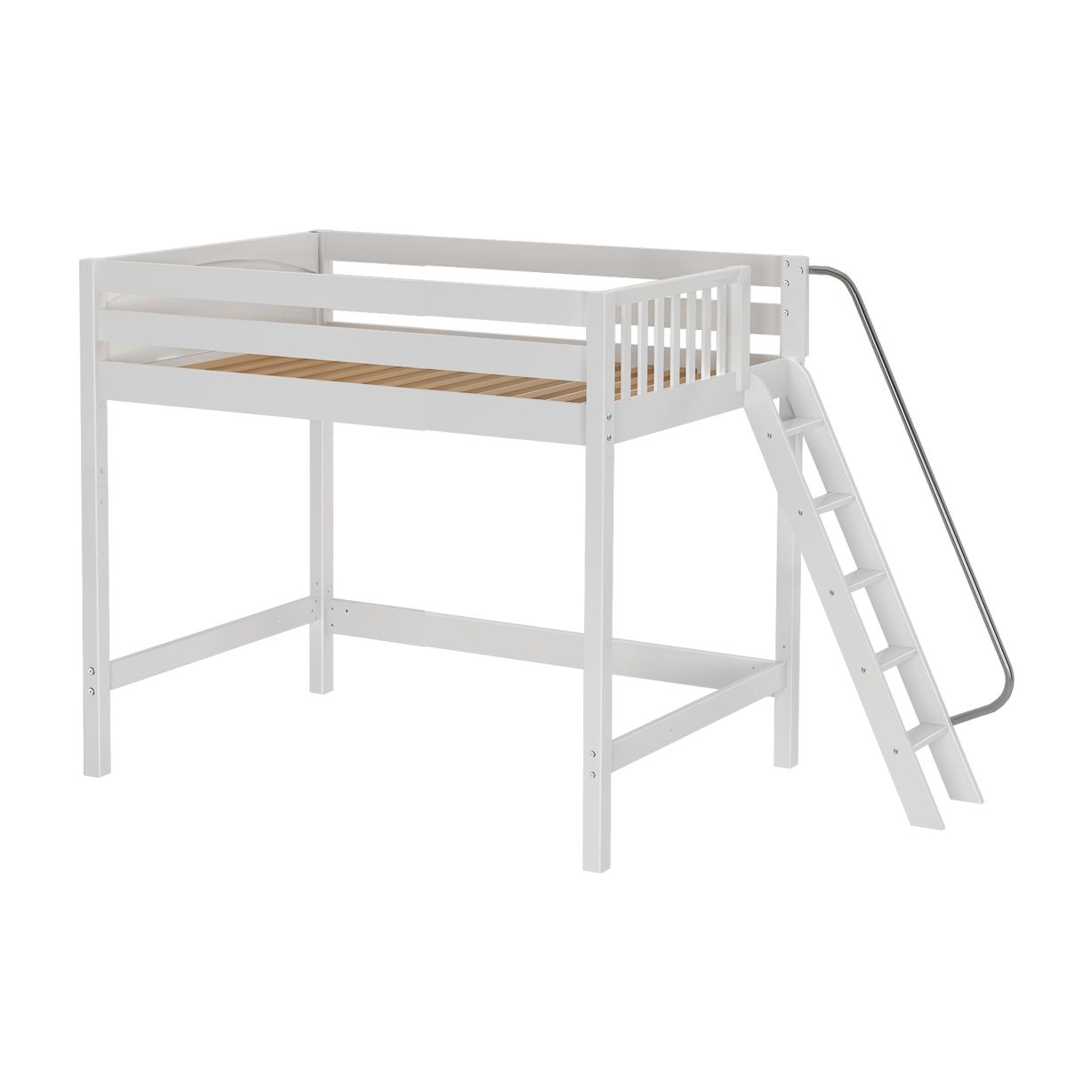 White wooden loft bed with ladder and guardrails, ideal for maximizing space in children's rooms.