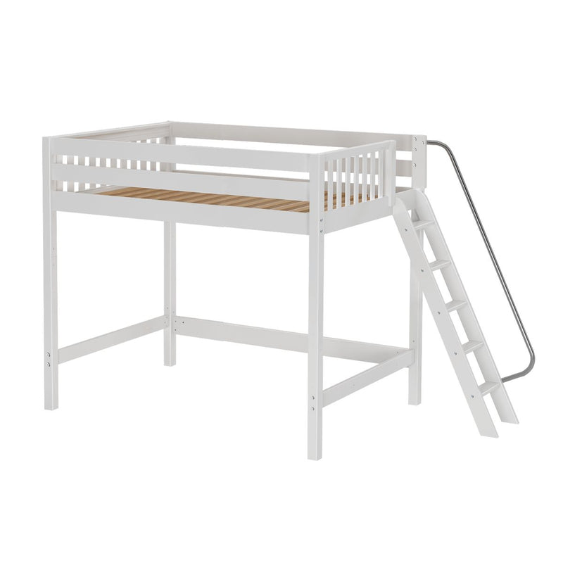 White wooden loft bed with slatted base, safety guardrails and angled ladder with metal handrail for kids' bedroom