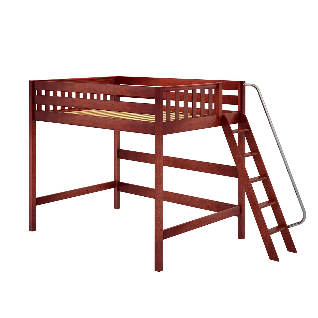 Loft bed with ladder in wooden finish, ideal for maximizing bedroom space and storage opportunities.