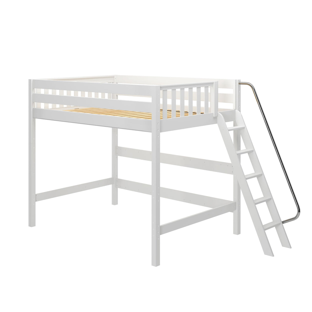 White wooden loft bed with ladder and railing, perfect for maximizing bedroom space and adding modern style.