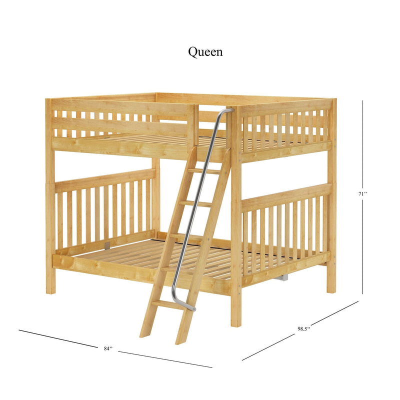 Queen-size solid wood bunk bed in natural finish with slatted guardrails, angled ladder and platform mattress support — loft-style space-saving design