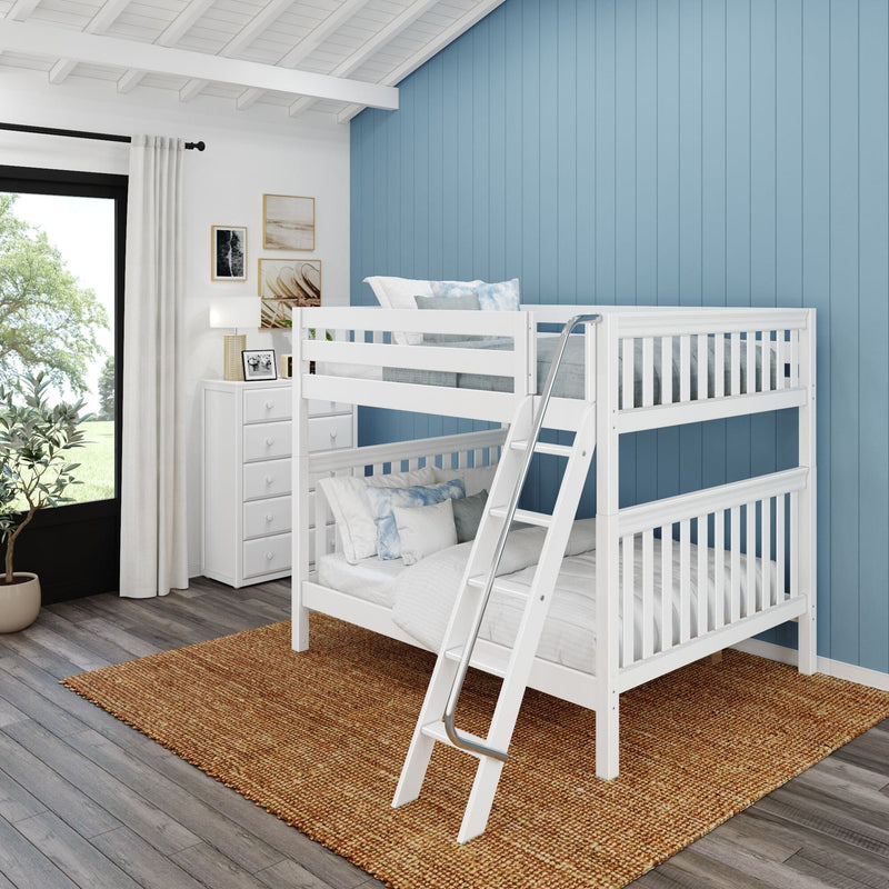 White wooden bunk bed in a bright children's bedroom with blue vertical shiplap accent wall, white dresser, framed artwork, ladder, large window and woven jute rug