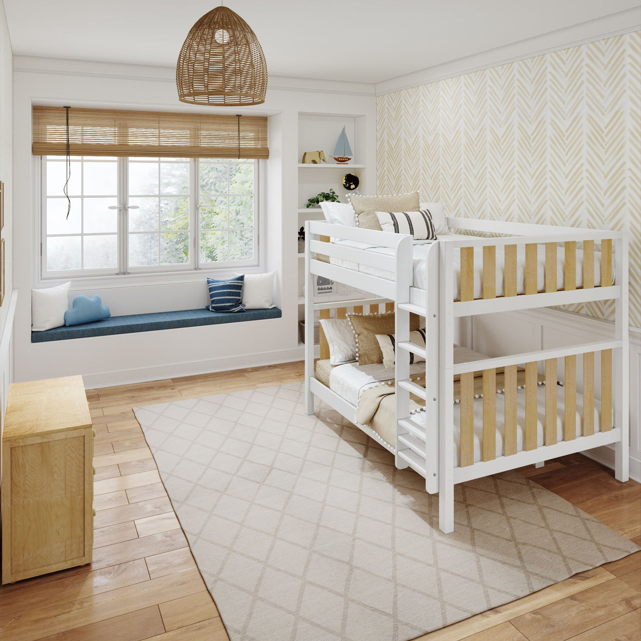 Modern kids' room with white bunk bed, cozy window seat, and wood flooring.