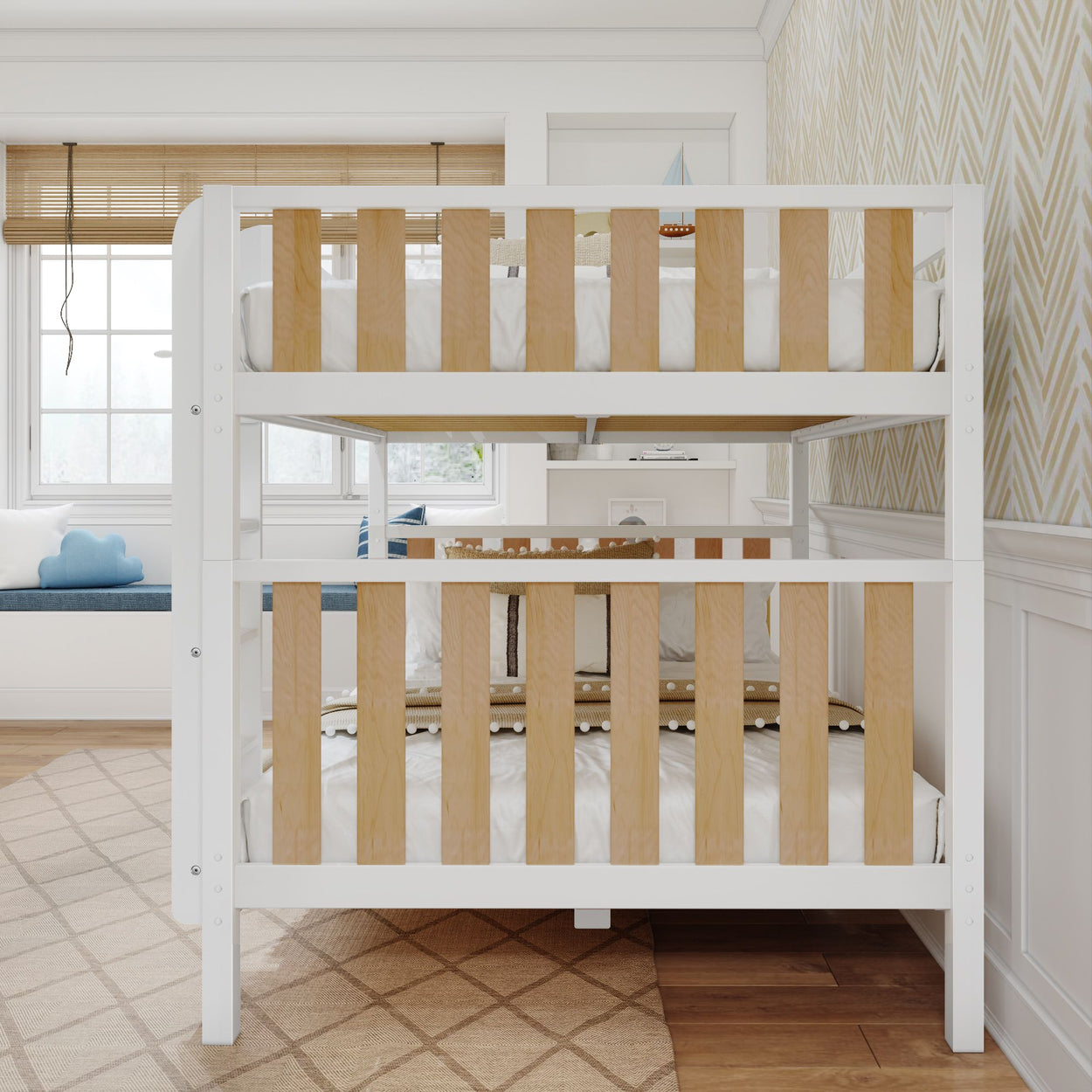 White and wood bunk bed in a cozy children's bedroom with chevron wallpaper and natural light.