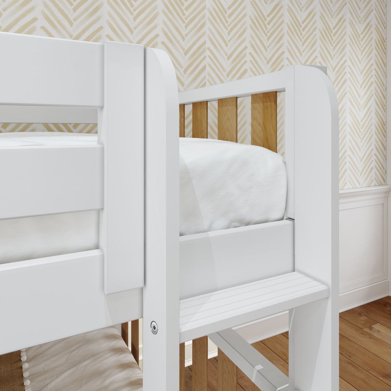 White wooden bunk bed with soft bedding in a bright, stylish bedroom featuring herringbone wallpaper design.