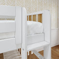 White bunk bed ladder with natural wood slats and safety rails against beige chevron wallpaper in kids' bedroom with hardwood floor