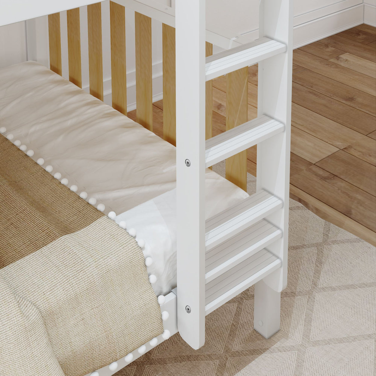 White wooden bunk bed ladder with beige and white bedding on wooden floor.