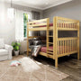 Cozy modern kids' bedroom with natural wood bunk bed and ladder, burgundy bedding, patterned area rug, potted plant and sheer-curtained window