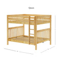 Queen-size wooden bunk bed in natural light wood finish with integrated ladder, slatted guardrails and platform slats, dimensions 84" x 68" x 71".
