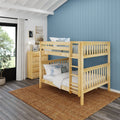 Wooden bunk bed in kids' bedroom with blue vertical accent wall, natural wood dresser, woven jute rug and large window with tree view