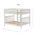 White wooden queen loft bunk bed with ladder, slatted wood mattress support and safety guardrails, minimalist design, dimensions 84" L x 68" W x 71" H