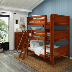 Triple wooden bunk bed with ladder in modern blue-themed bedroom.