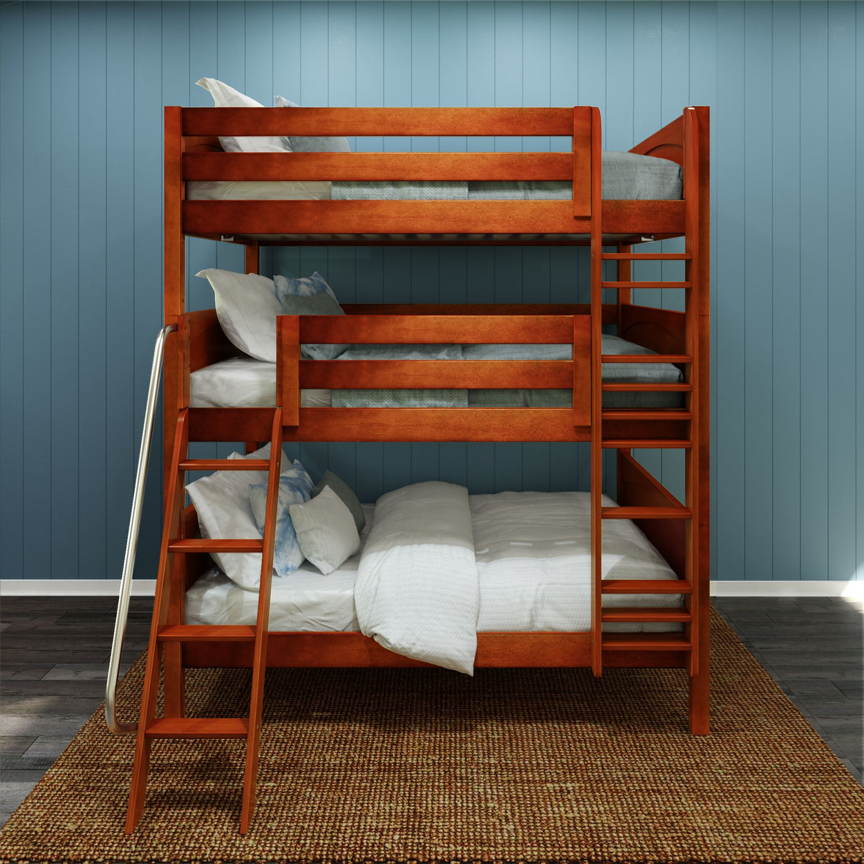 Wooden bunk bed with ladder and white bedding in a stylish blue-walled room.