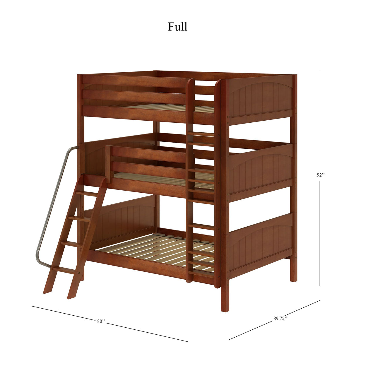 Full-size wooden triple bunk bed with ladder and guardrails, dimensions 80"L x 89.75"W x 92"H.
