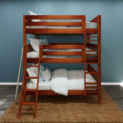 Wooden bunk bed with ladder in blue-paneled room featuring white bedding.