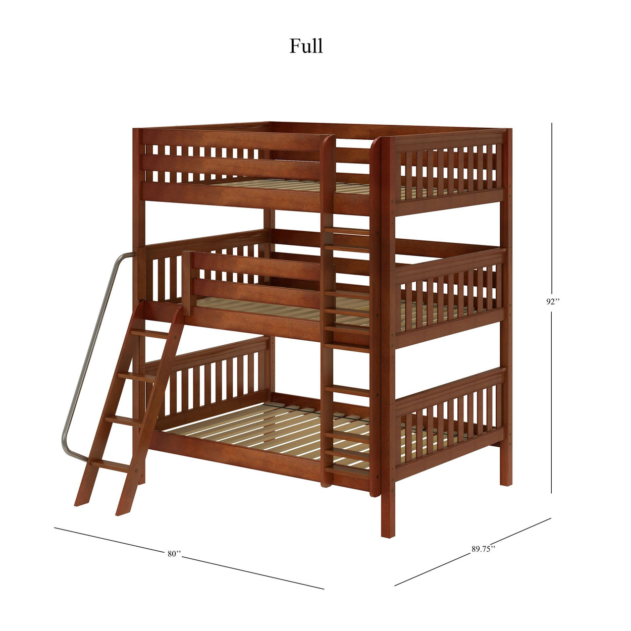 Triple bunk bed with ladder, full-size, wooden frame, dimensions 92x89.75x80 inches.