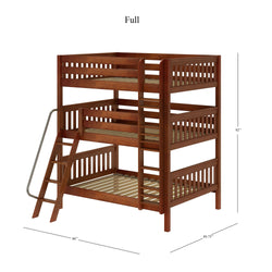 Triple bunk bed with ladder, full-size, wooden frame, dimensions 92x89.75x80 inches.